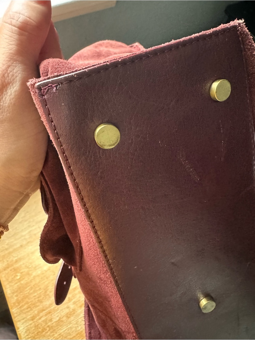 Burgundy Suede & Leather Satchel Tote with Gold Hardware - Picture 14 of 16